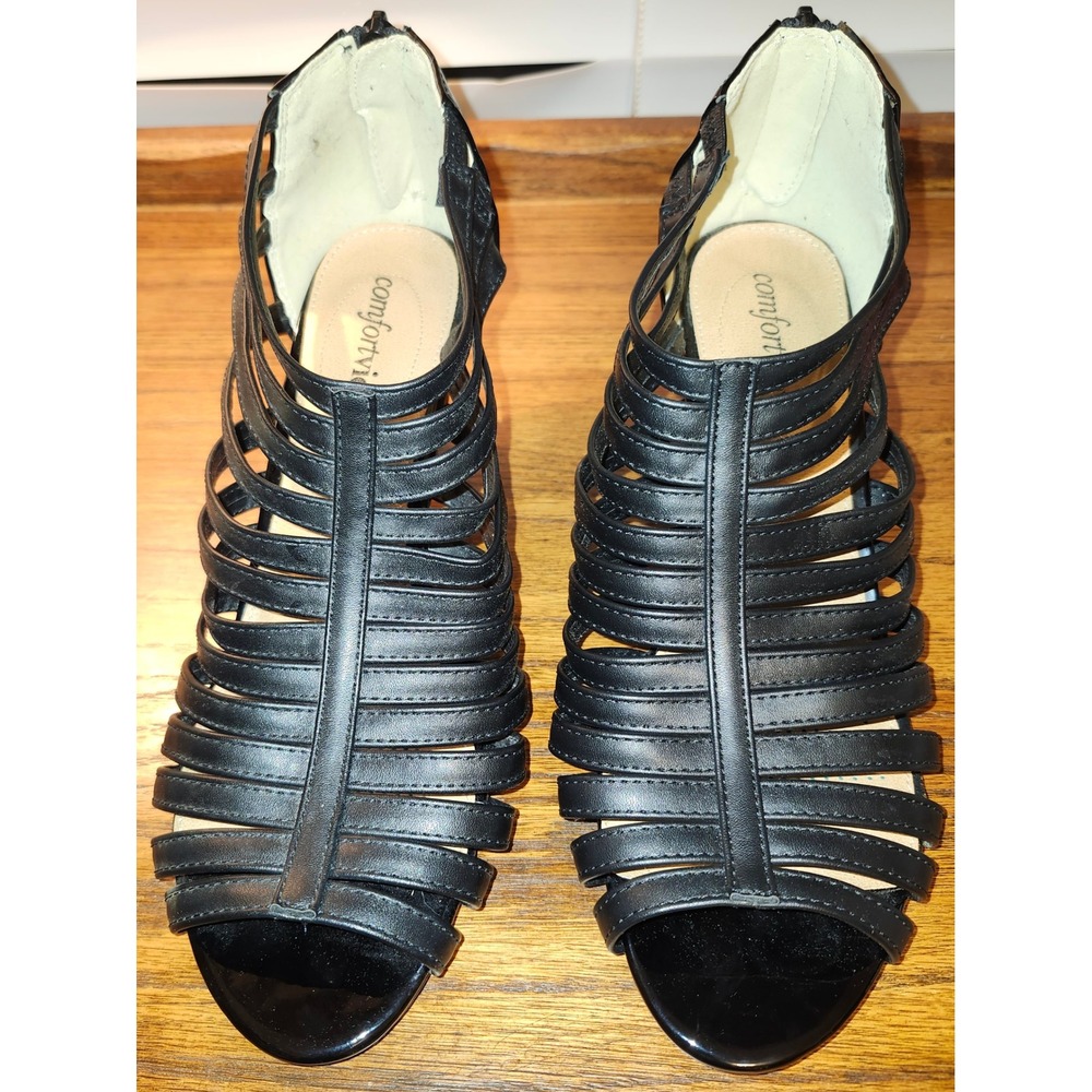 Comfortview Womens Black Caged Gladiator Sandals Kitten Heel Rear Zip Shoes